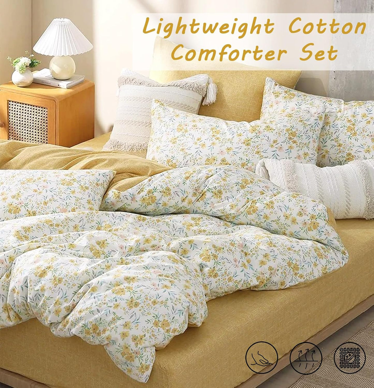 ALEISSEL Natural Cotton 3pcs Floral Comforter Sets King Size-Yellow Comforter with Pink & Yellow Flowers and Blue & Green Leaves on White, Reversible Lightweight Bedding Sets(King 104"×90")