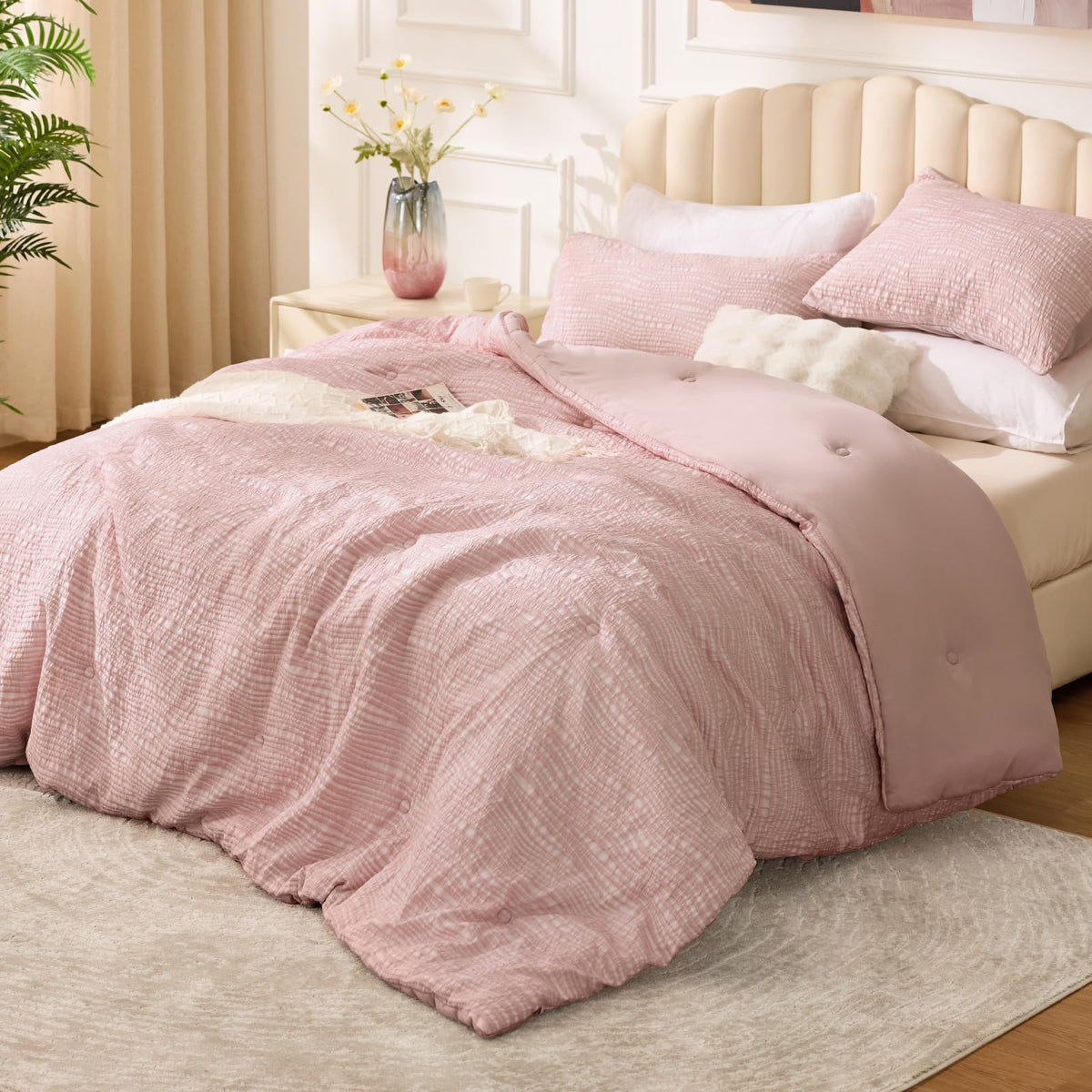 BEDELITE King Comforter Set Striped-Blush Pink,Fluffy & Soft Comforter