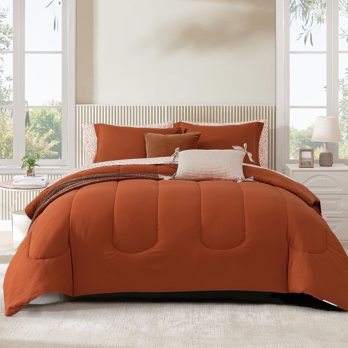 King Size Comforter Set-7 Pieces Brown Soft Bed in a Bag King Bedding Sets