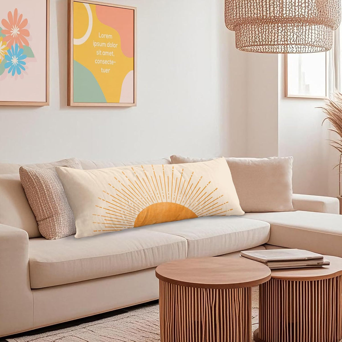 Boho Orange Sun Sunshine 20x54 Body Pillow Cover Case, Mid Century Modern Boho Horizontal Sunset Sunrise Decorative Long Hug Pillow Cases for Bed Couch