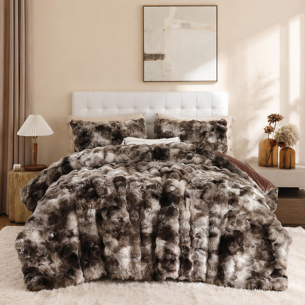 YIKUSH Queen Faux Fur Soft Comforter Set, Fluffy Linen Rabbit Fur Comforter