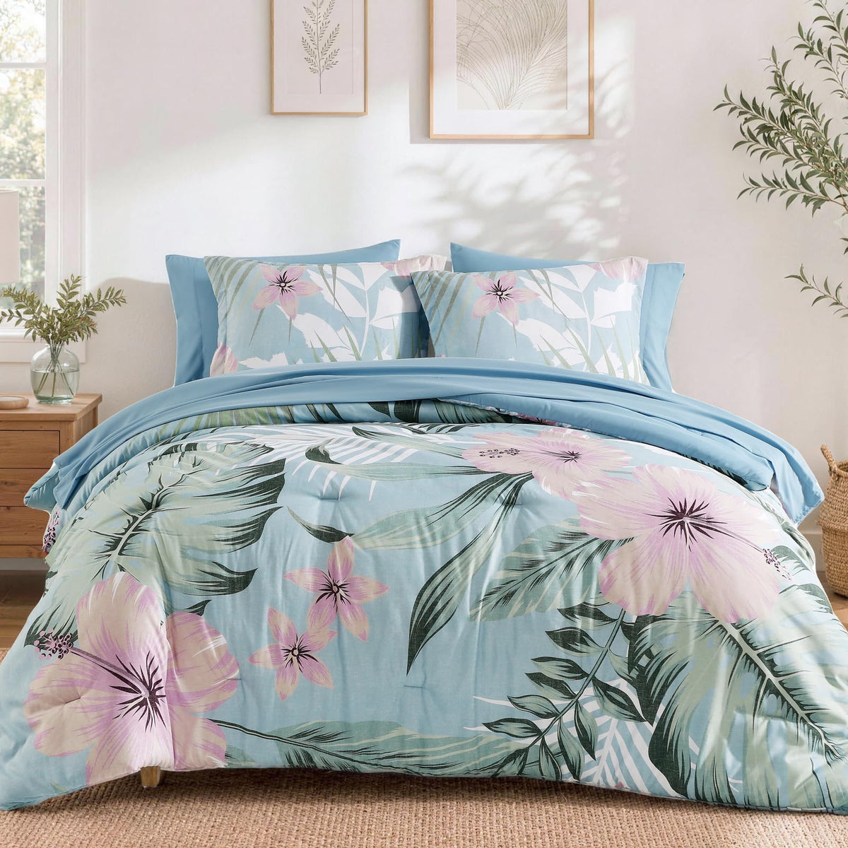 King Size Comforter Set-7 Pieces Floral Green Bed in a Bag King Bedding Set