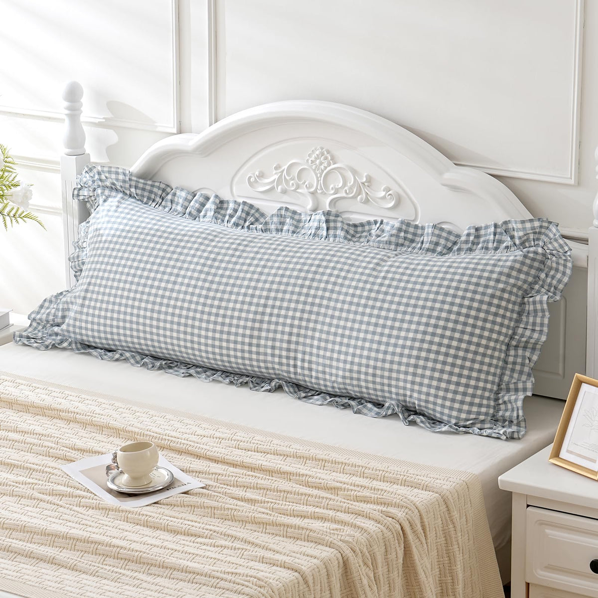 Taupe/White Plaid Ruffled Body Pillow Cover Washed Cotton 20"x54"