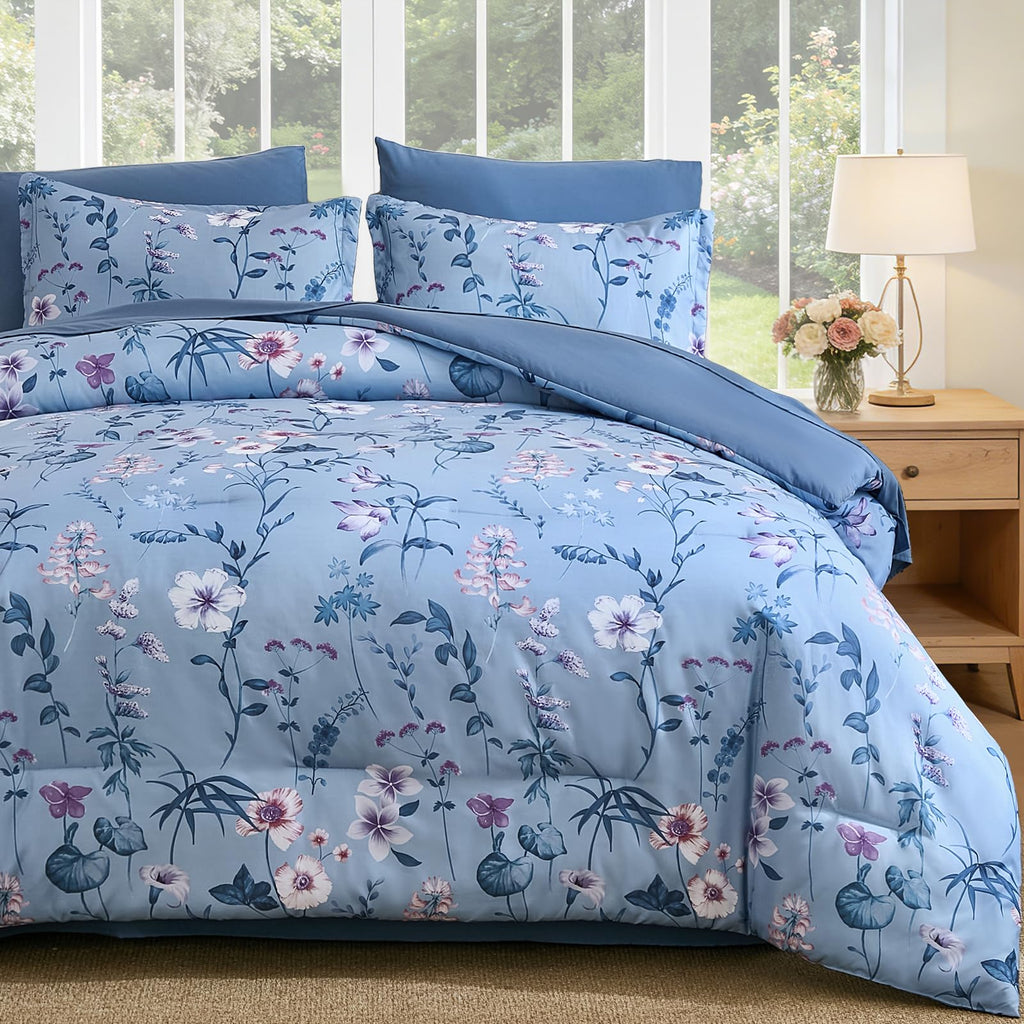 DJY Floral Comforter Set Queen Size,Brown Botanical Bedding Sets