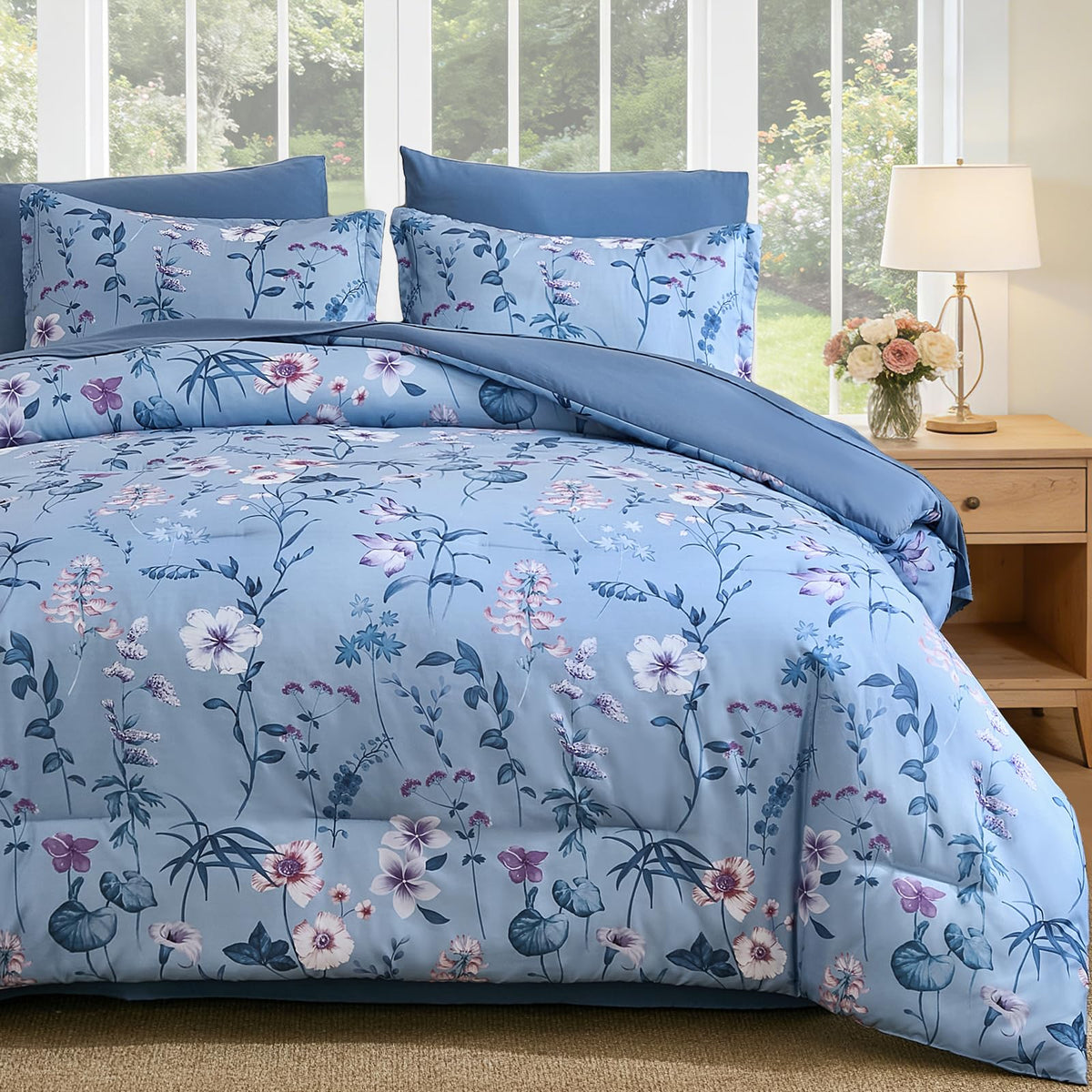 DJY Floral Comforter Set Queen Size,Brown Botanical Bedding Sets