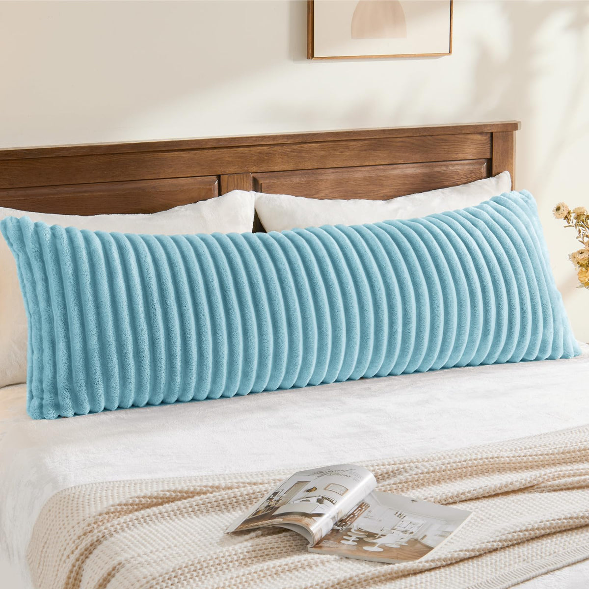 BEDELITE Fluffy Striped Body Pillow Cover with Zipper, Cream White, 20x54
