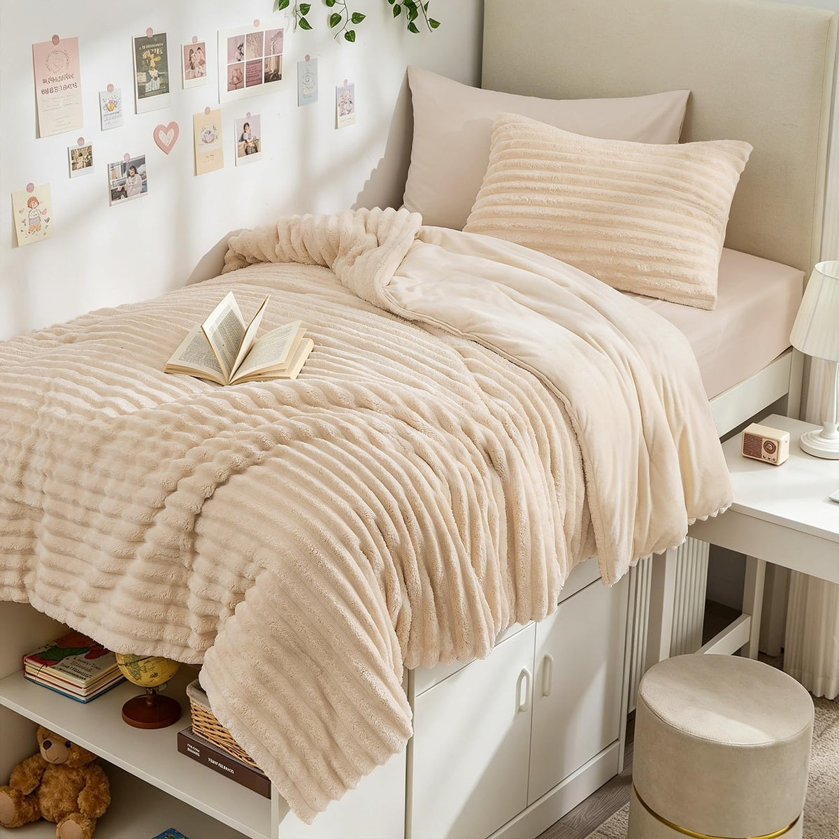 Sasttie Fluffy Queen Comforter Set, 3 PC Soft Fleece Bedding, Cream White