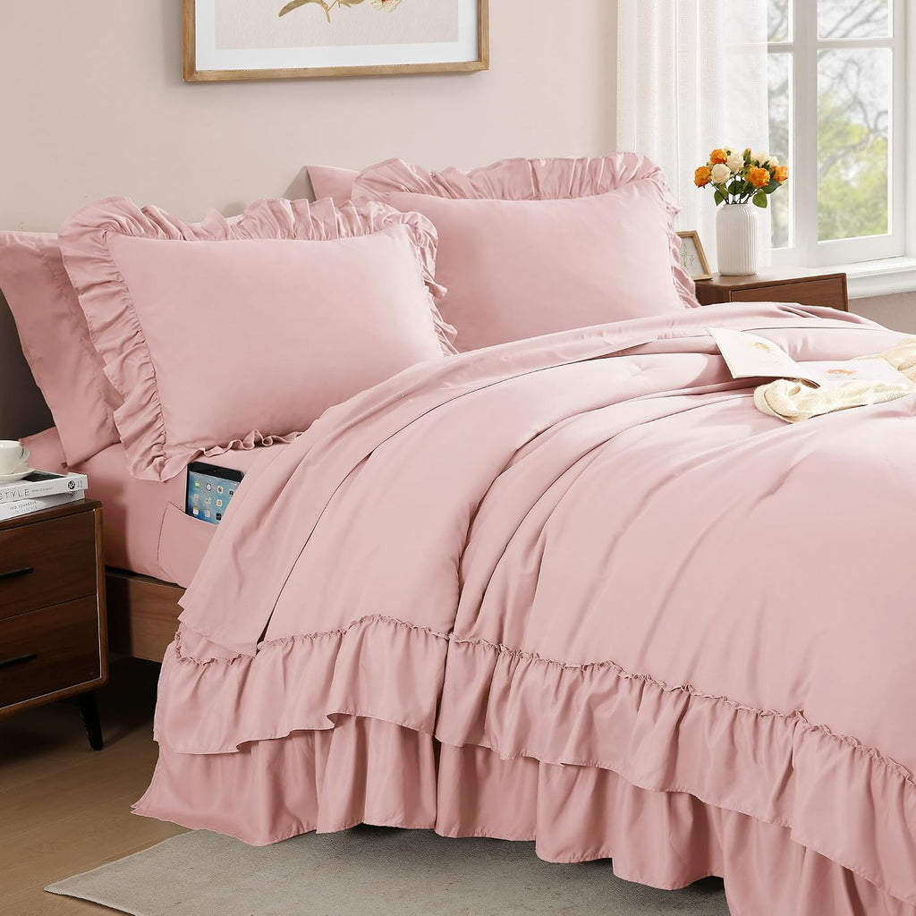 Queen Comforter Set Soft Pink Ruffle 7 Pieces Farmhouse Bed in a Bag