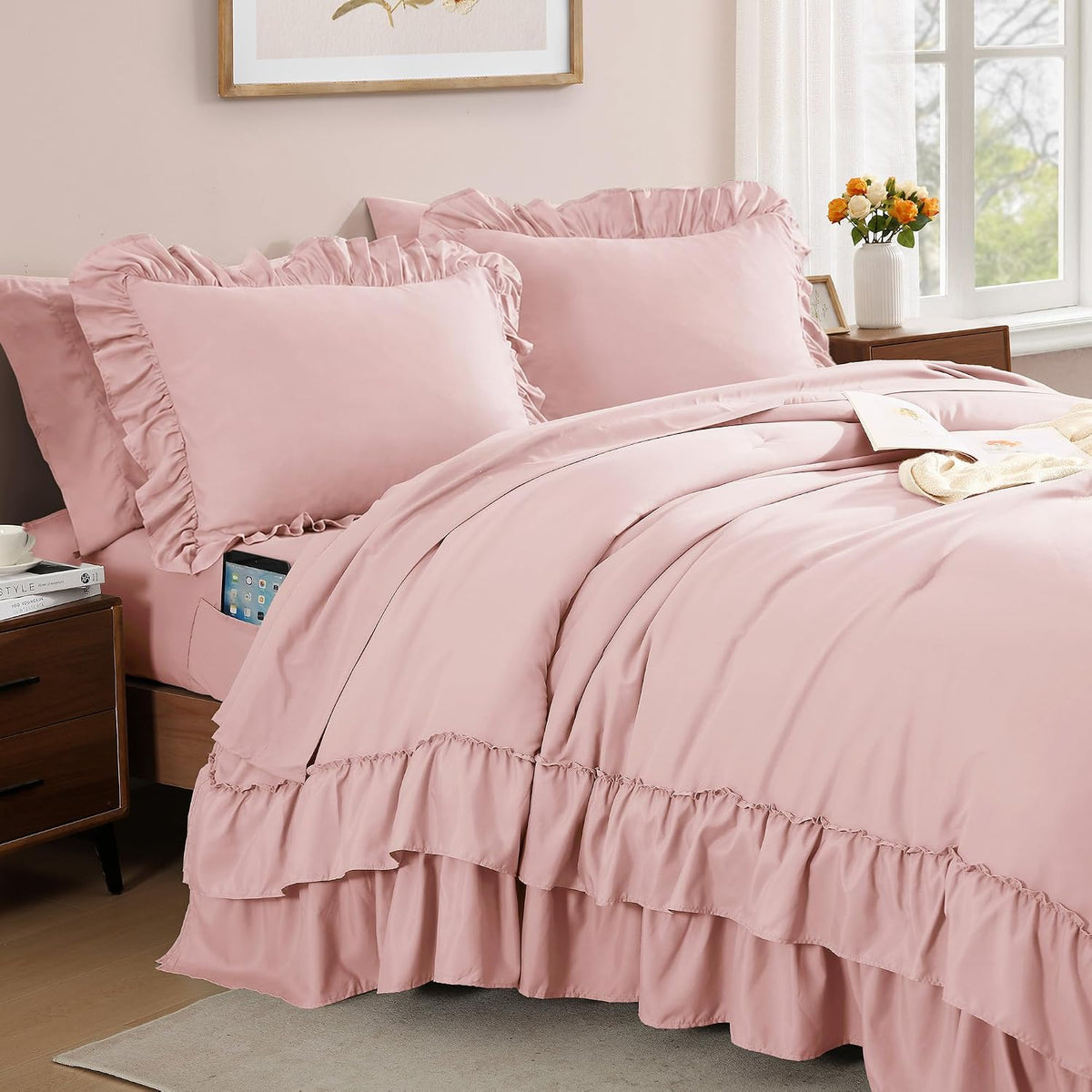 Queen Comforter Set Soft Pink Ruffle 7 Pieces Farmhouse Bed in a Bag