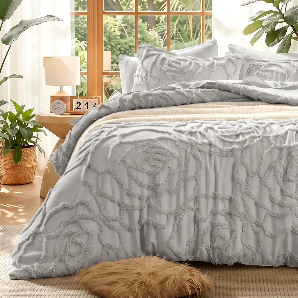 7 Pieces Comforter Set Queen Khaki Tufted Rose Soft Fluffy Boho Tufted Comforter Set All Season Bed in a Bag Set Shabby Chic Farmhouse Rustic Style Bedding