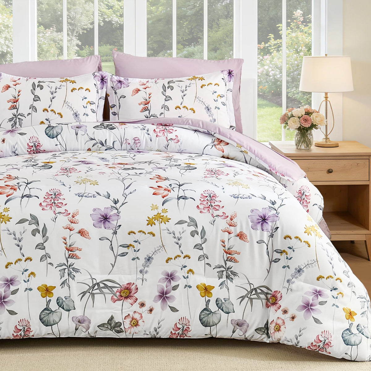 DJY Floral Comforter Set Queen Size,Brown Botanical Bedding Sets