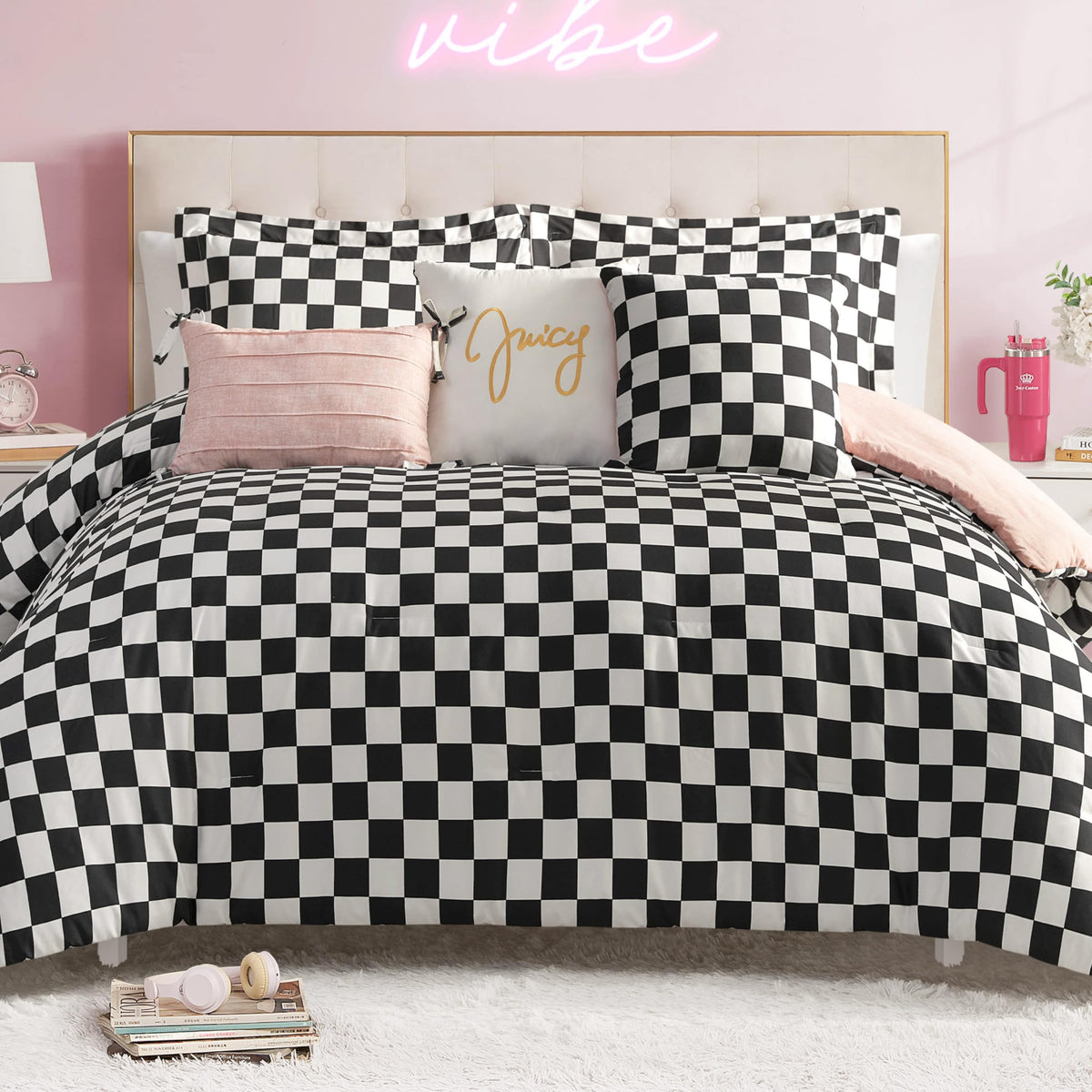 Juicy Couture Cabana Stripe Reversible Bedding Set - Queen Size - Black and White Stripe Print – 6 Piece Set – Includes 1 90" x 90" Comforter, 3 Decorative Pillows, 2 Shams