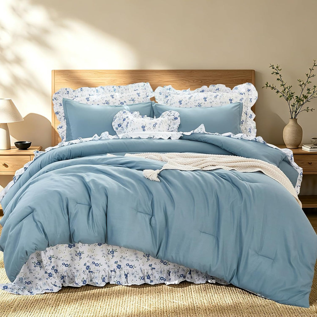 8PC Queen Comforter Set Blue, Ruffle Comforter with Floral Sheets