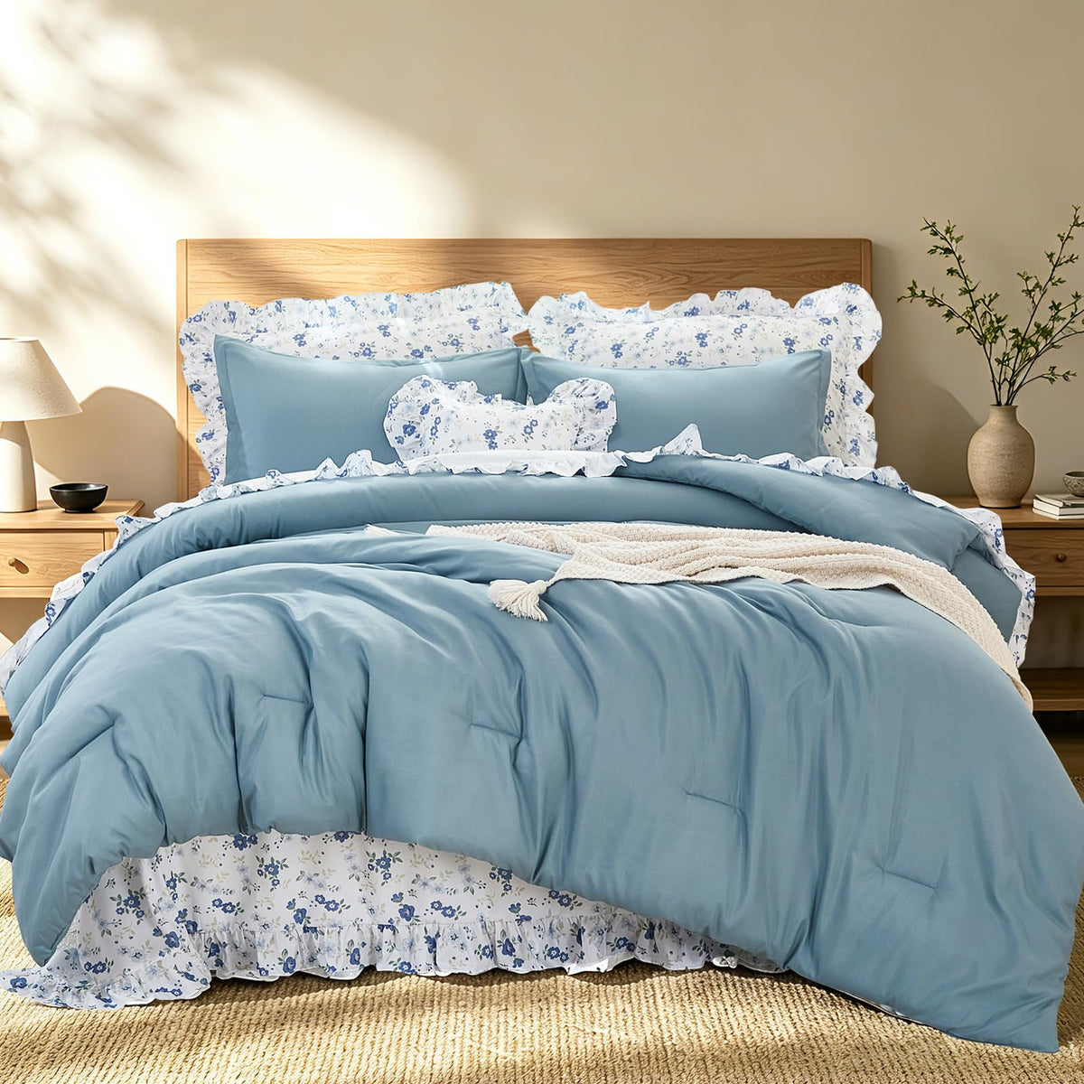 8PC Queen Comforter Set Green, Ruffle Comforter with Floral Sheets