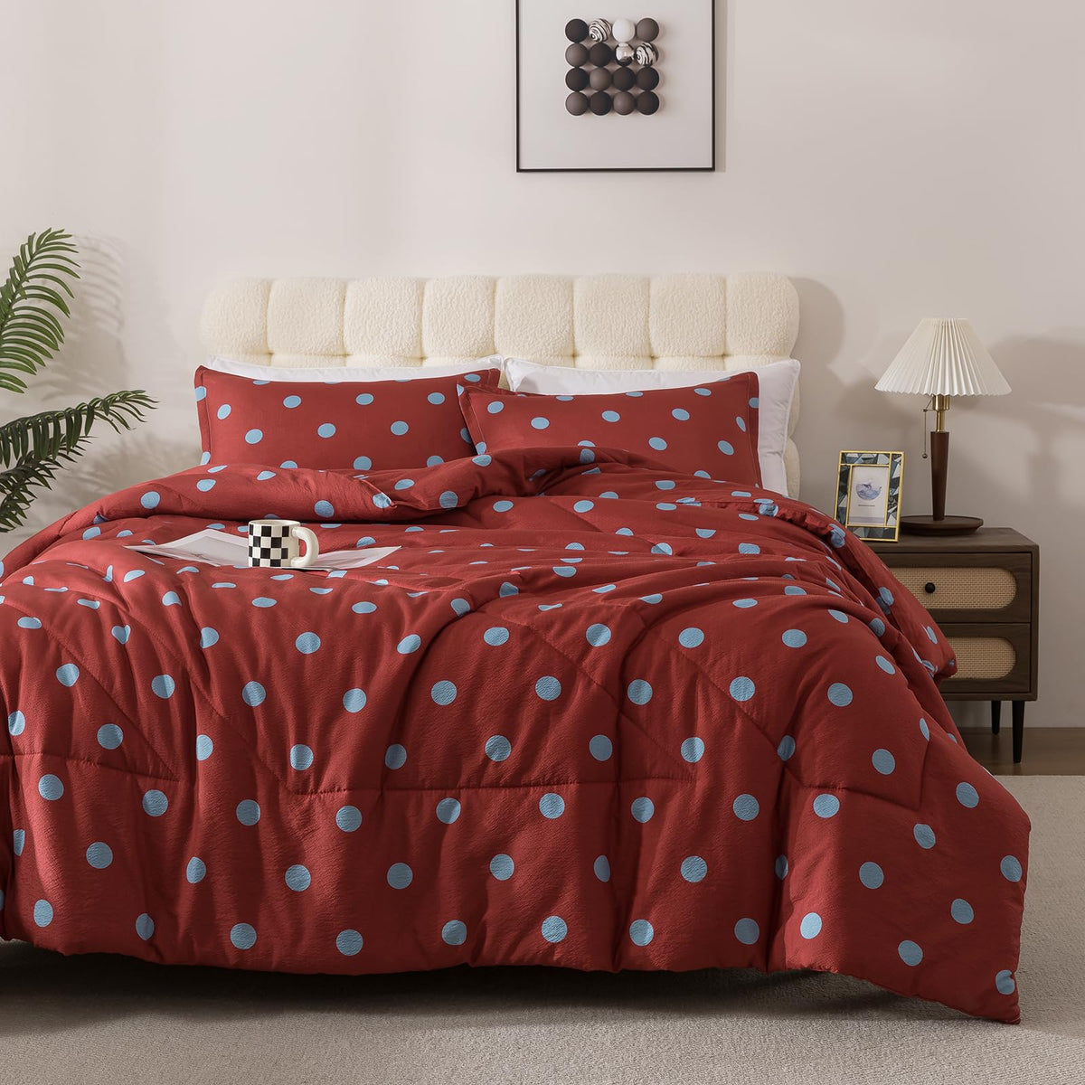 Caressma Yellow Full Comforter Set with Polka Dots 3 Pieces Bedding Set