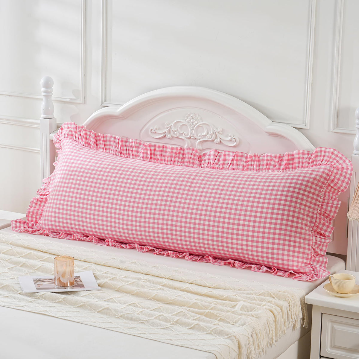 Taupe/White Plaid Ruffled Body Pillow Cover Washed Cotton 20"x54"
