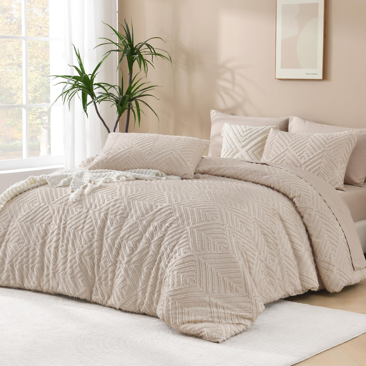 Andency King Size Comforter Set Beige, 3 Pieces Boho Bedding