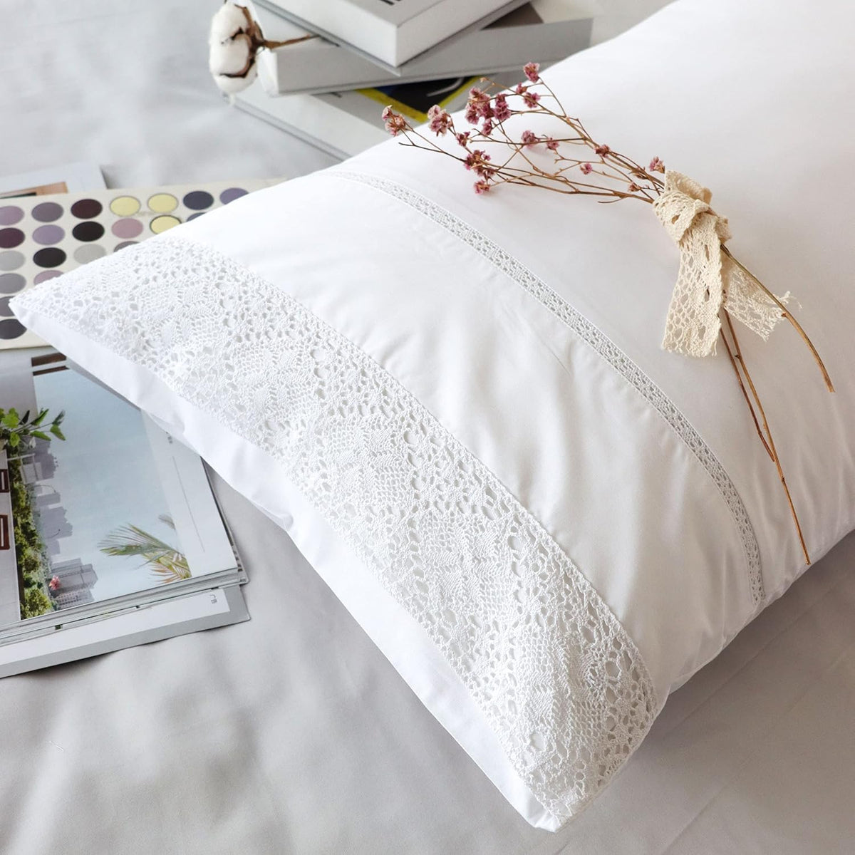 White Lace Pillow Cases Queen Size Set of 2, 100% Cotton Pillowcases, 20x30