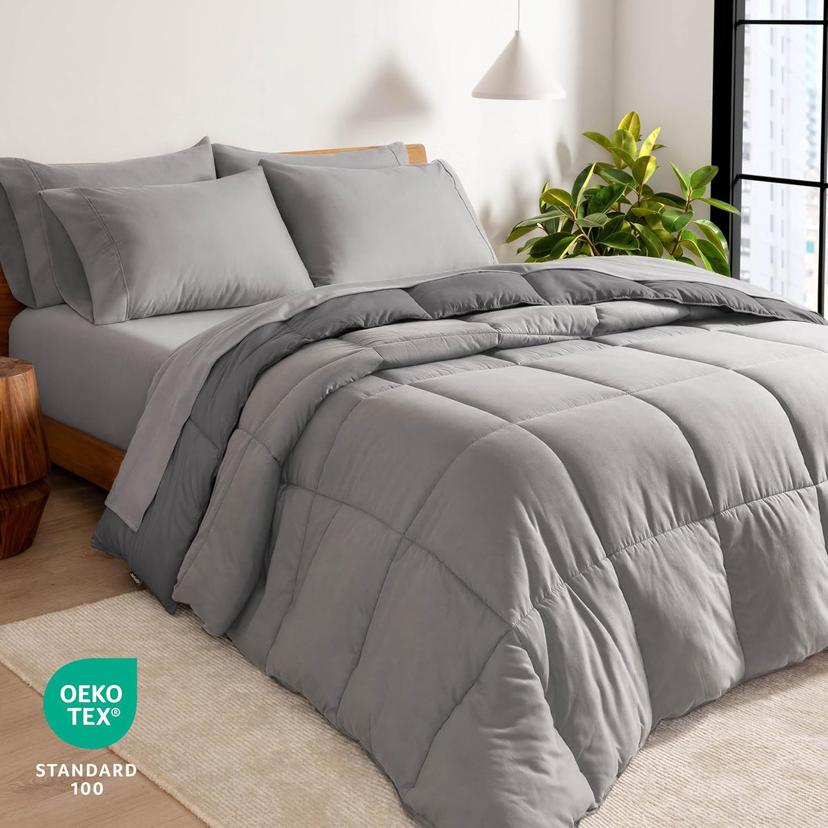 Bare Home Reversible Bed-in-A-Bag Comforter & Sheet Set - Queen - Down Alternative - Soft - Bedding Set (Queen, Light Grey/Grey)