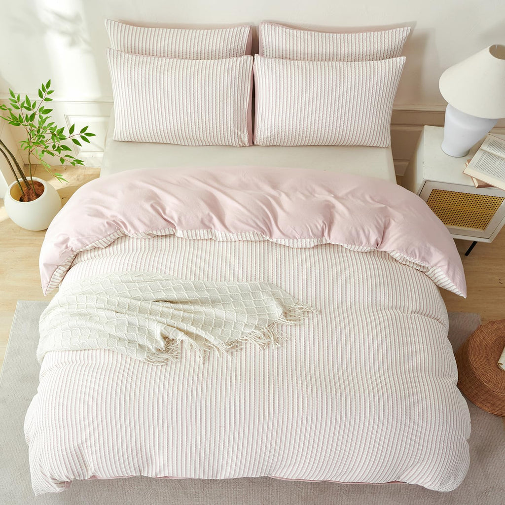 Comforter Set King Size Dusty Pink Soft Luxury Washed Microfiber Jacquard 3 Pieces Bedding Set, White Dusty Pink Vertical Ticking Stripes Comforter with 2 Pillowcases Breathable Durable Comfy