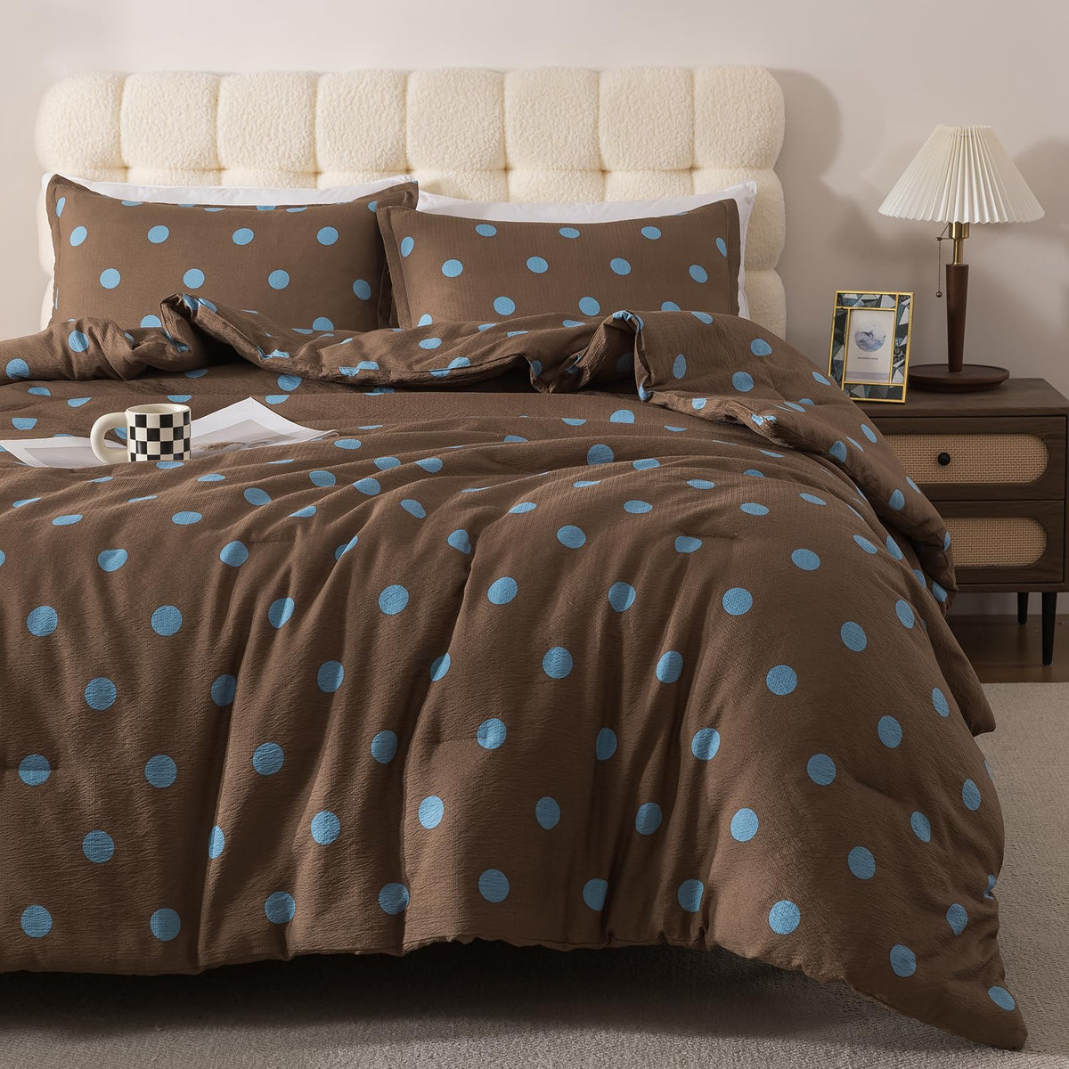 Caressma Yellow Full Comforter Set with Polka Dots 3 Pieces Bedding Set
