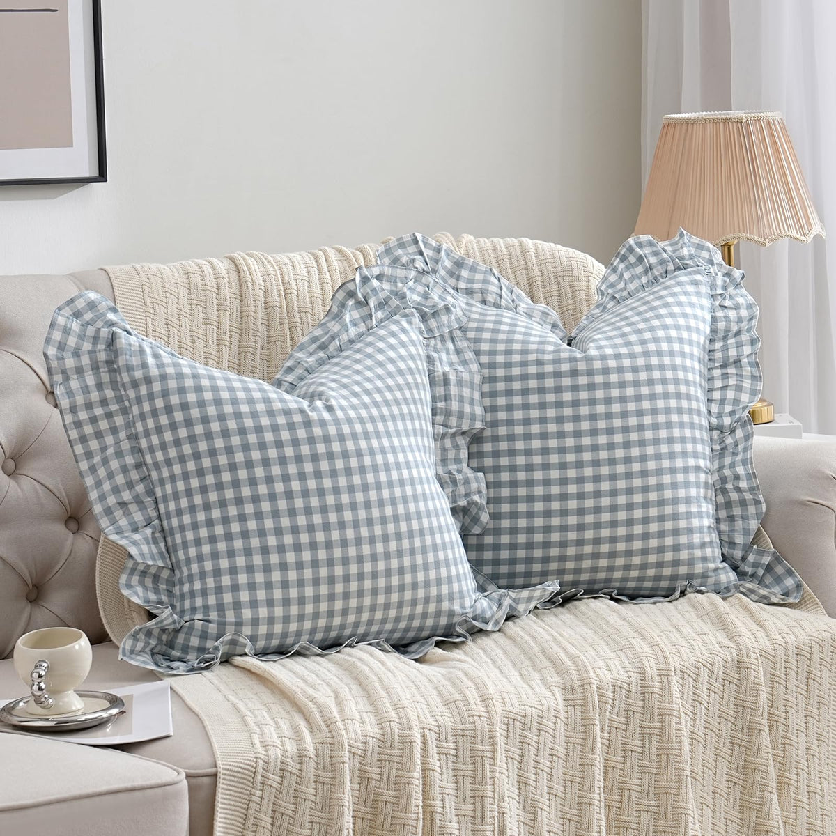 Taupe/White Plaid Ruffled Body Pillow Cover Washed Cotton 20"x54"