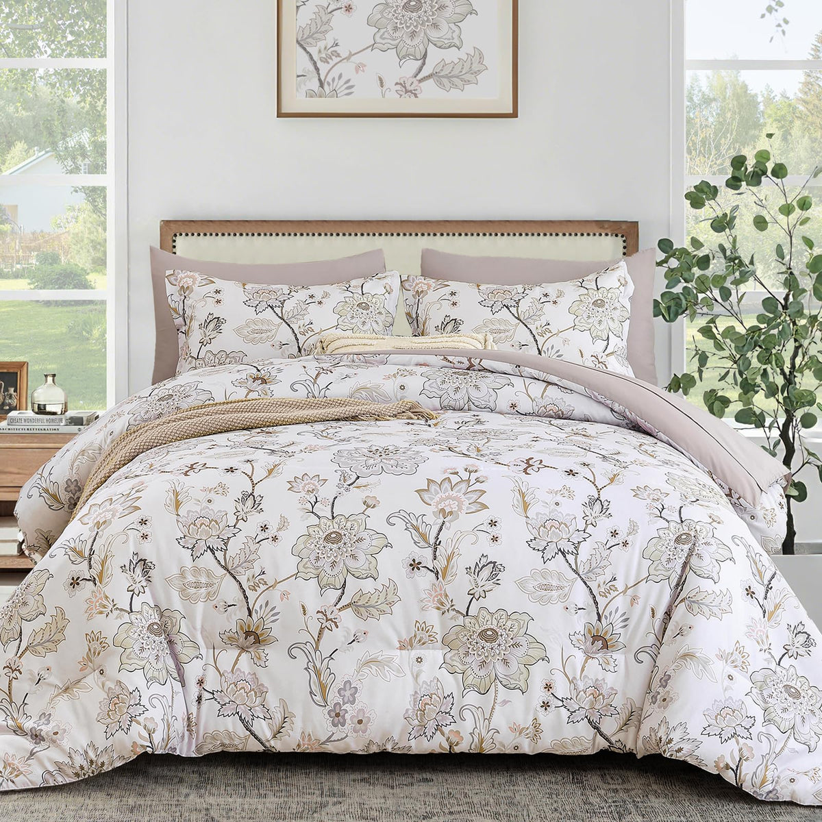 Luxudecor Blue Rose Floral Queen Comforter Set, 7 Pieces Bed in a Bag