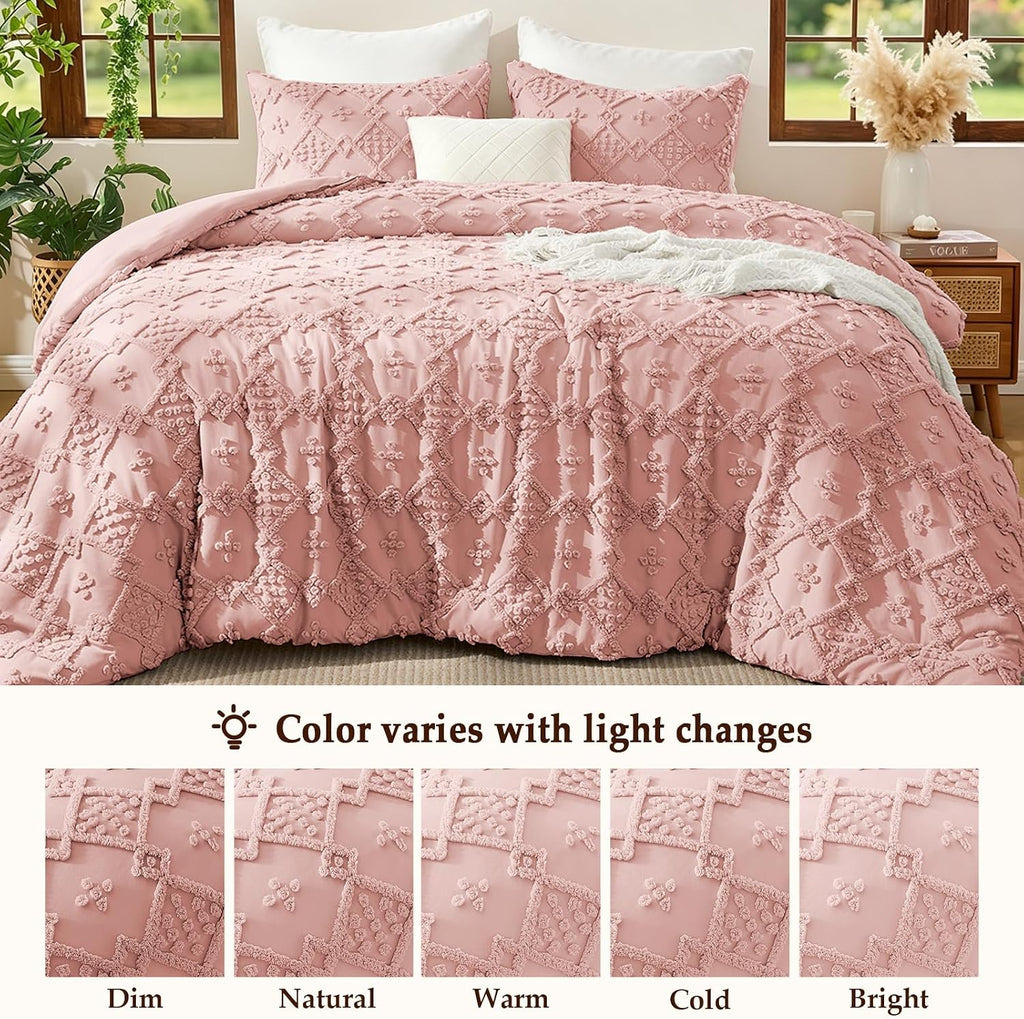 Tufted Boho Comforter Set, 3 Pieces Pink Boho King Bedding Set