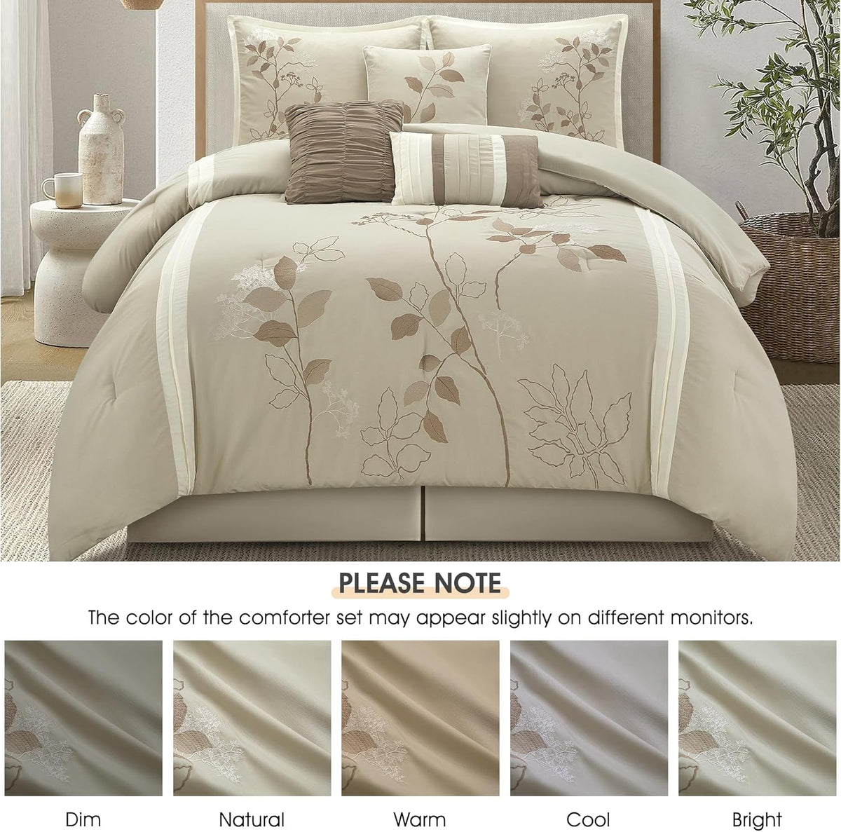 LANCO MODERN LIFESTYLE Beige King Comforter Set, 7 Pieces Bed in a Bag, Elegant Floral Leaves Embroidery, Soft and Lightweight All Seasons Bedding Set, Bedskirt, Pillow Shams, Decor Pillows