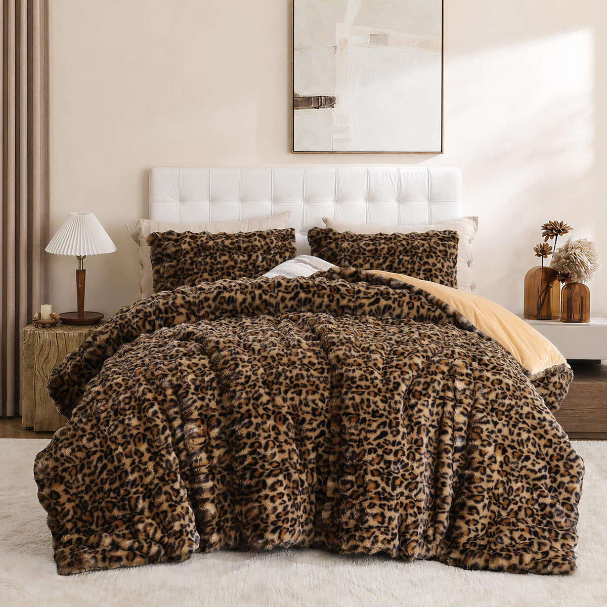 YIKUSH Queen Faux Fur Soft Comforter Set, Fluffy Linen Rabbit Fur Comforter