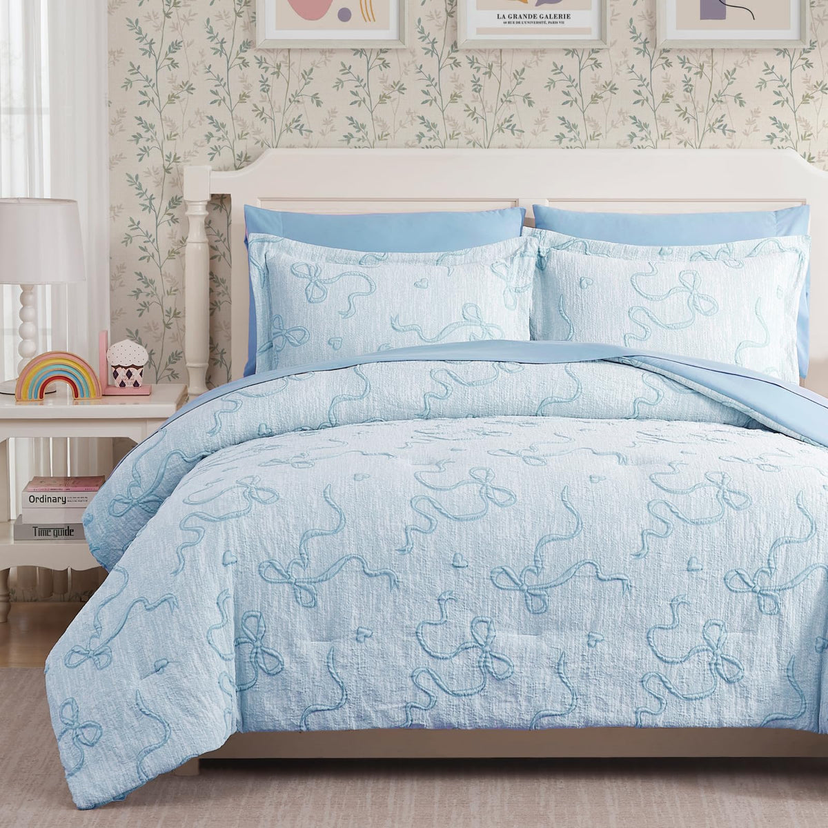 Queen Comforter Set - 7 Pieces Pink Bedding Set Bow Jacquard Bed in a Bag