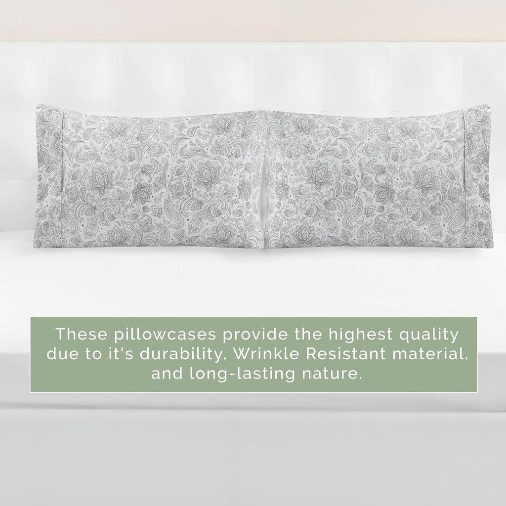 Elegant Comfort Ultra Soft Set of 2 Floral Print Pillowcases - 1500 Premium Hotel Quality Microfiber, Soft and Smooth Envelope Closure 2-Piece Pillow Covers - Standard/Queen, Paisley Gray