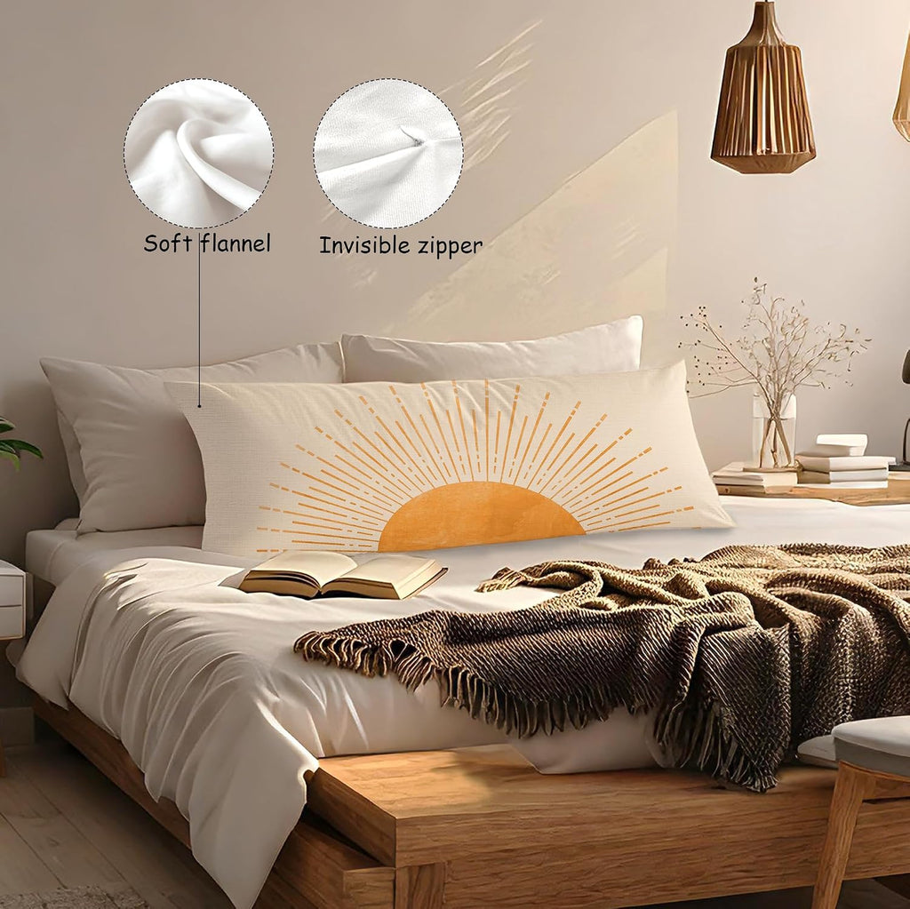 Boho Orange Sun Sunshine 20x54 Body Pillow Cover Case, Mid Century Modern Boho Horizontal Sunset Sunrise Decorative Long Hug Pillow Cases for Bed Couch
