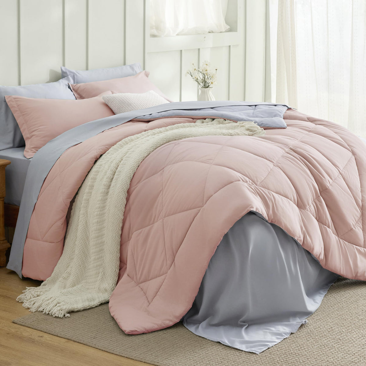 Bedsure Queen Bed in a Bag Reversible Bed Set 7 Pieces Grey/Light Grey