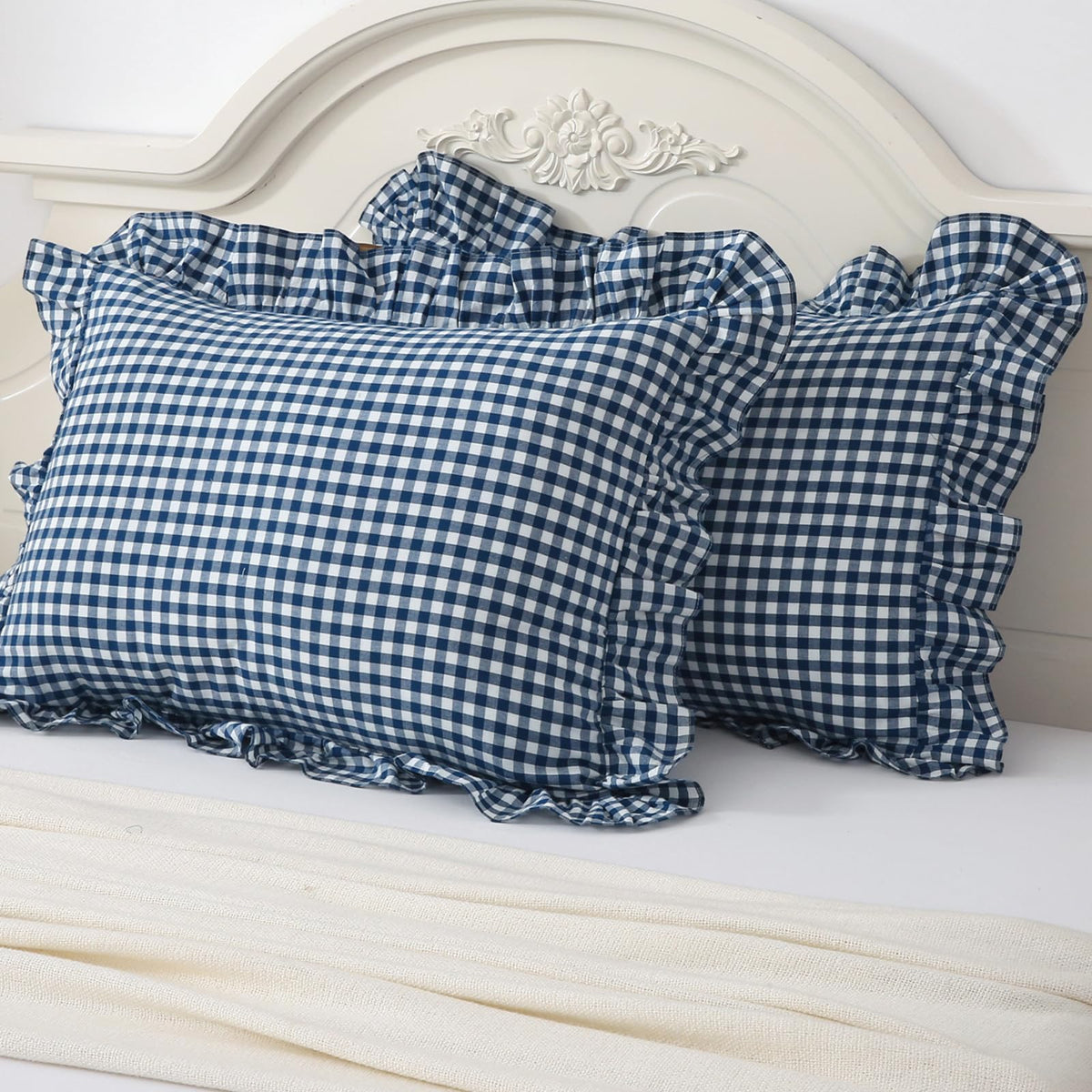 Mywinlle Taupe Plaid Gingham Ruffle Decorative Throw Pillow Covers 18"x18"