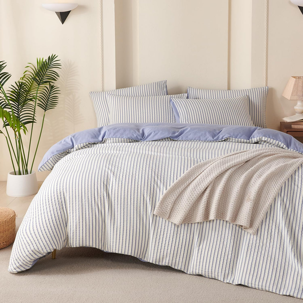 Sage Green Queen Size Comforter Set Striped 100% Soft Washed Microfiber Jacquard 3 Pieces Striped Bedding Sets Green White Comforter Queen for All Seasons and 2 Pillowcases Comfort Breathable