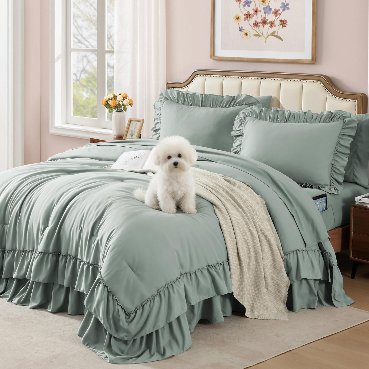 Queen Comforter Set Dusty Blue Ruffle 7 Pieces Farmhouse Bed in a Bag