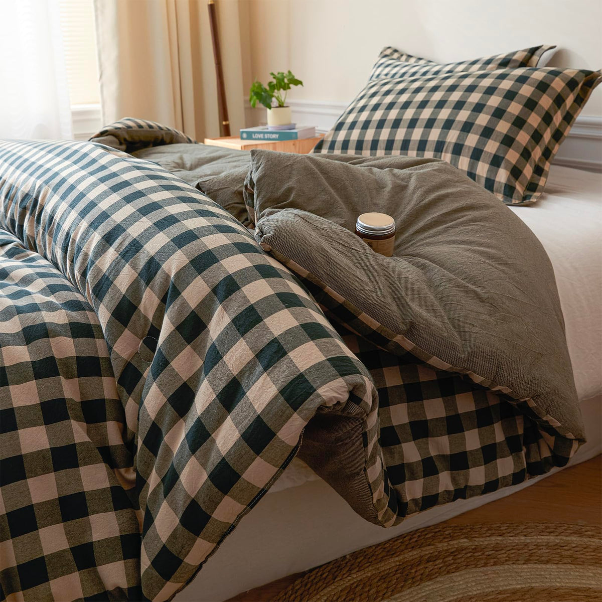 Cyusri Cotton Stripe Full Comforter Set - Soft Lightweight Bedding 3 Pieces Dyed Bed Set with 2 Pillow Shams,Reversible All Season Farmhouse Down Alternative(Full Size 80"x90" Beige)