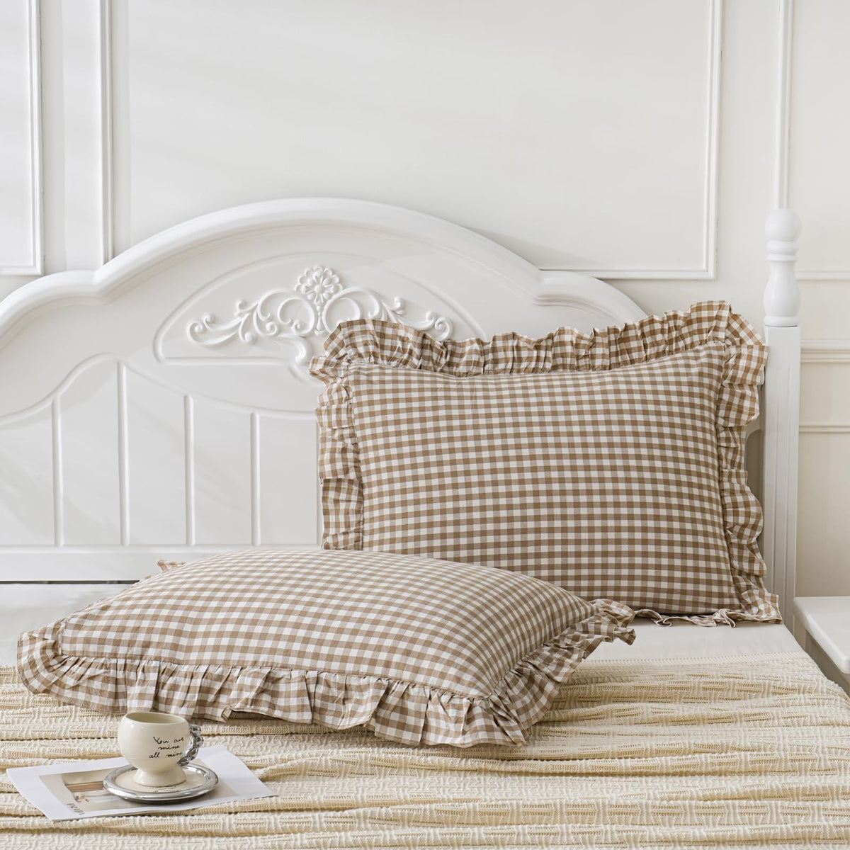 Taupe/White Plaid Ruffled Body Pillow Cover Washed Cotton 20"x54"