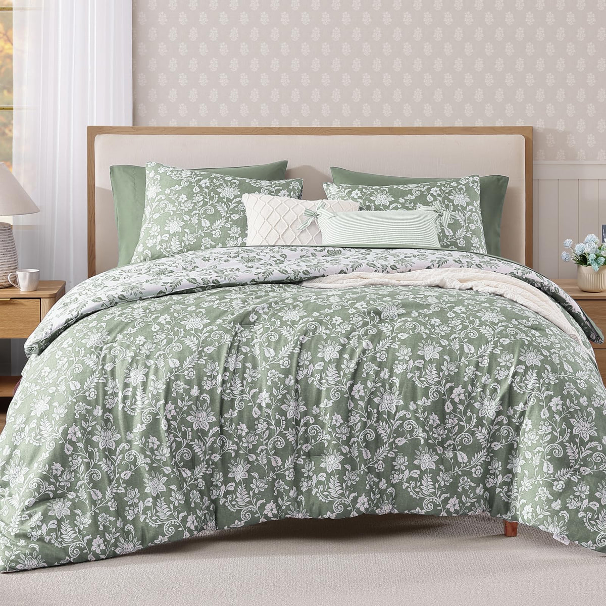 BLOOMHAVEN King Size Comforter Set-7 Pieces Blue Floral Bed in a Bag King