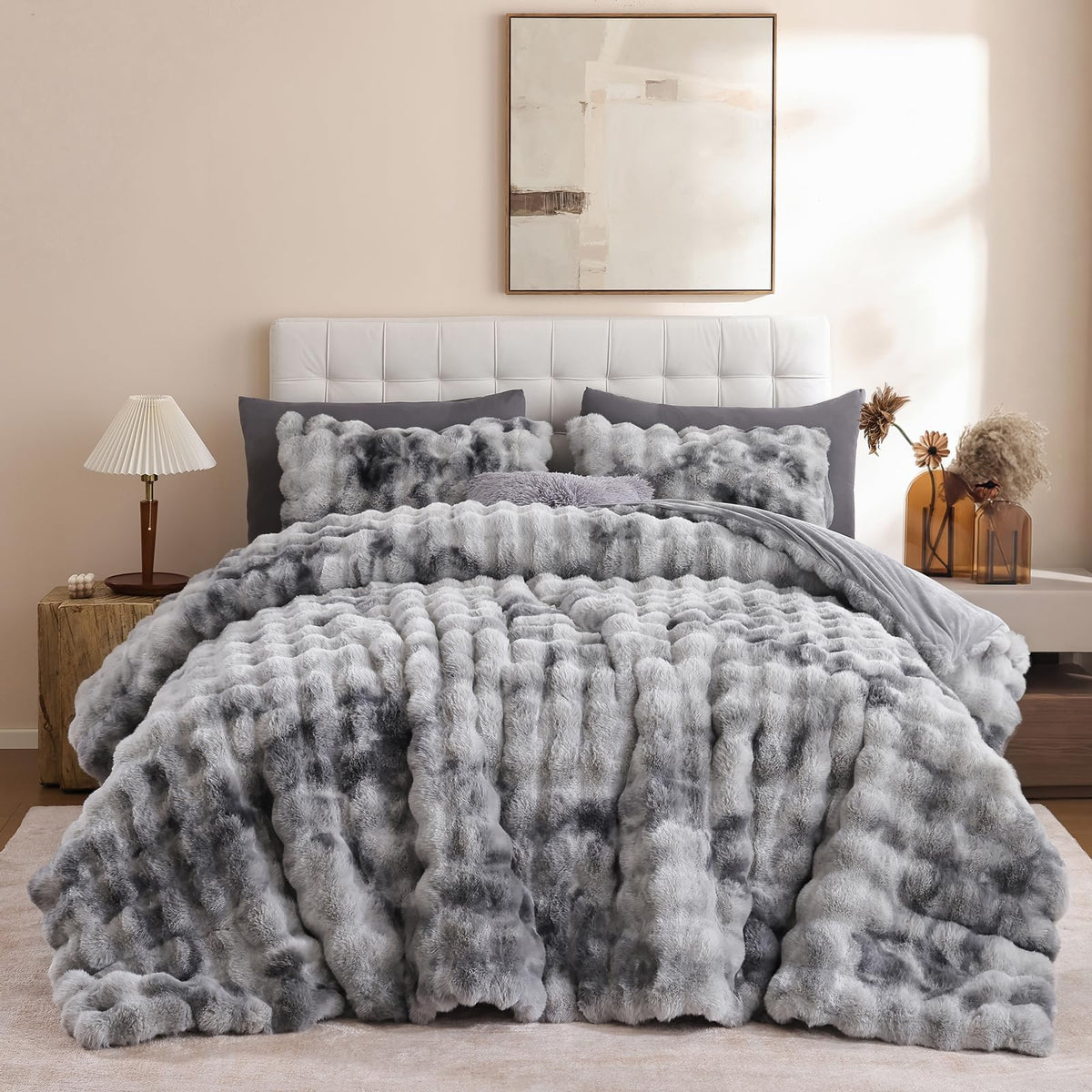 YIKUSH Queen Faux Fur Soft Comforter Set, Fluffy Linen Rabbit Fur Comforter