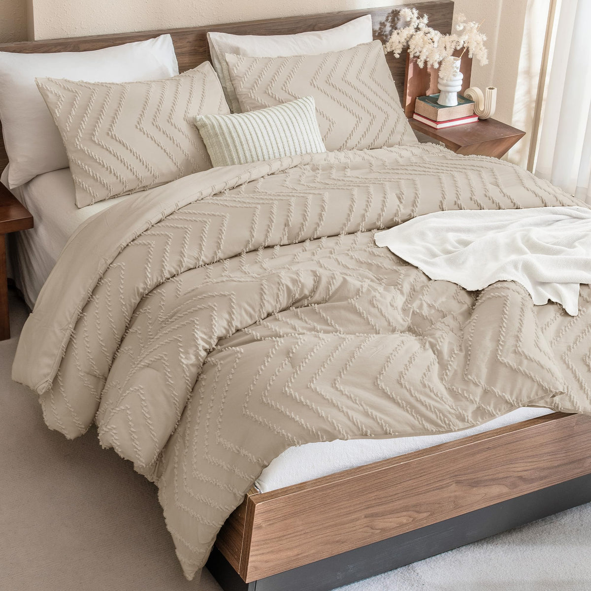 Andency Queen Comforter Set Beige, 3 Pieces Comforters Queen Size Bed Set