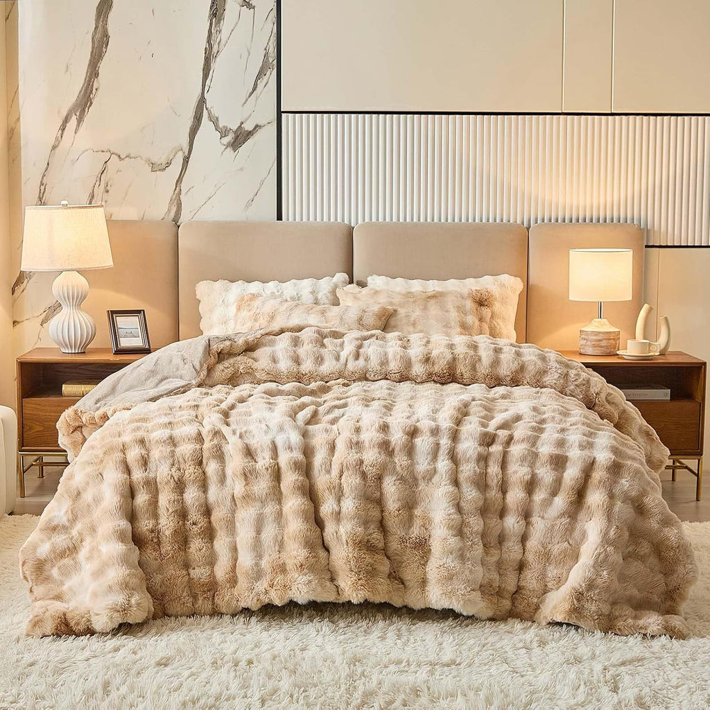 Full Faux Rabbit Fur Comforter Set - 3 Pieces Fluffy Bedding Set Ultra Soft Warm Shaggy Winter Flannel Bed Set, Luxury Skin Friendly Sherpa Comforter Set & Pillow for Thanksgiving Tie Dye Coffee