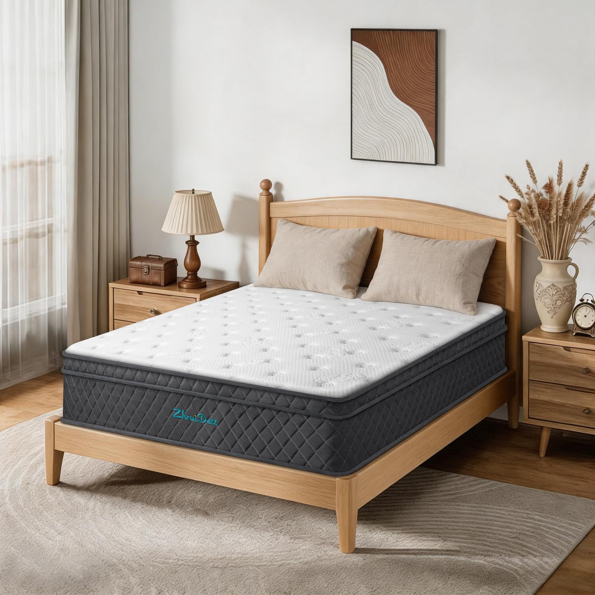 Queen Mattress 12 Inch Medium Firm Hybrid Mattress Queen Size Memory Foam Pocket Springs Queen Bed Matress in a Box for All Sleeping Positions Motion Isolation Comfortable Sleep (Black, Queen 12 inch)