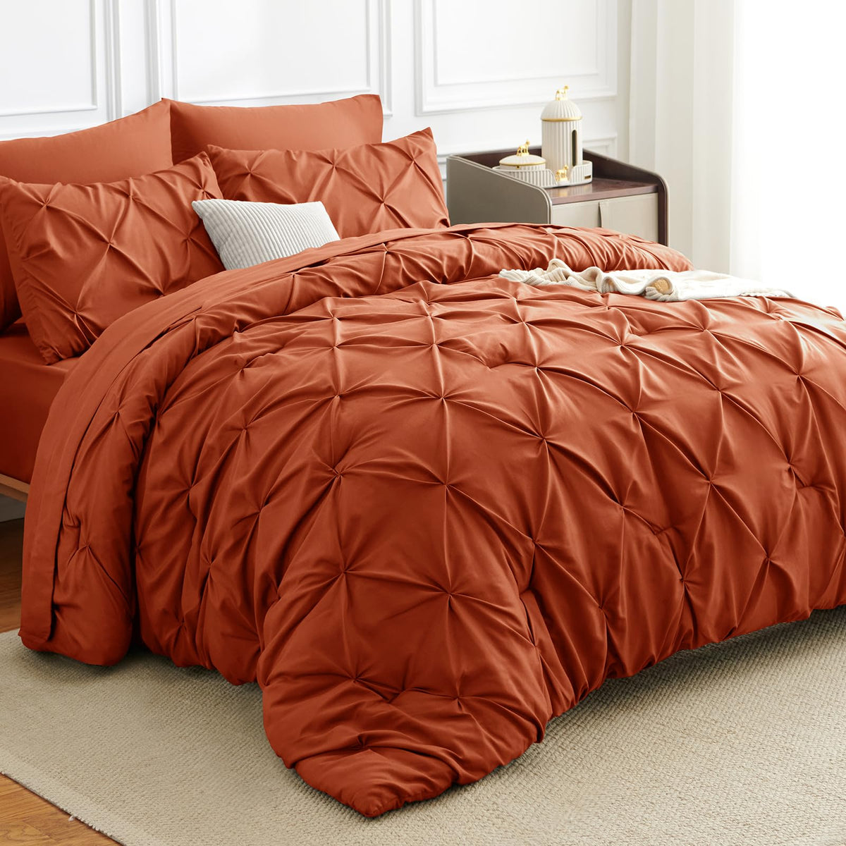 HIMEET Queen Comforter Set Black - 7 Pieces Pintuck Bed in a Bag