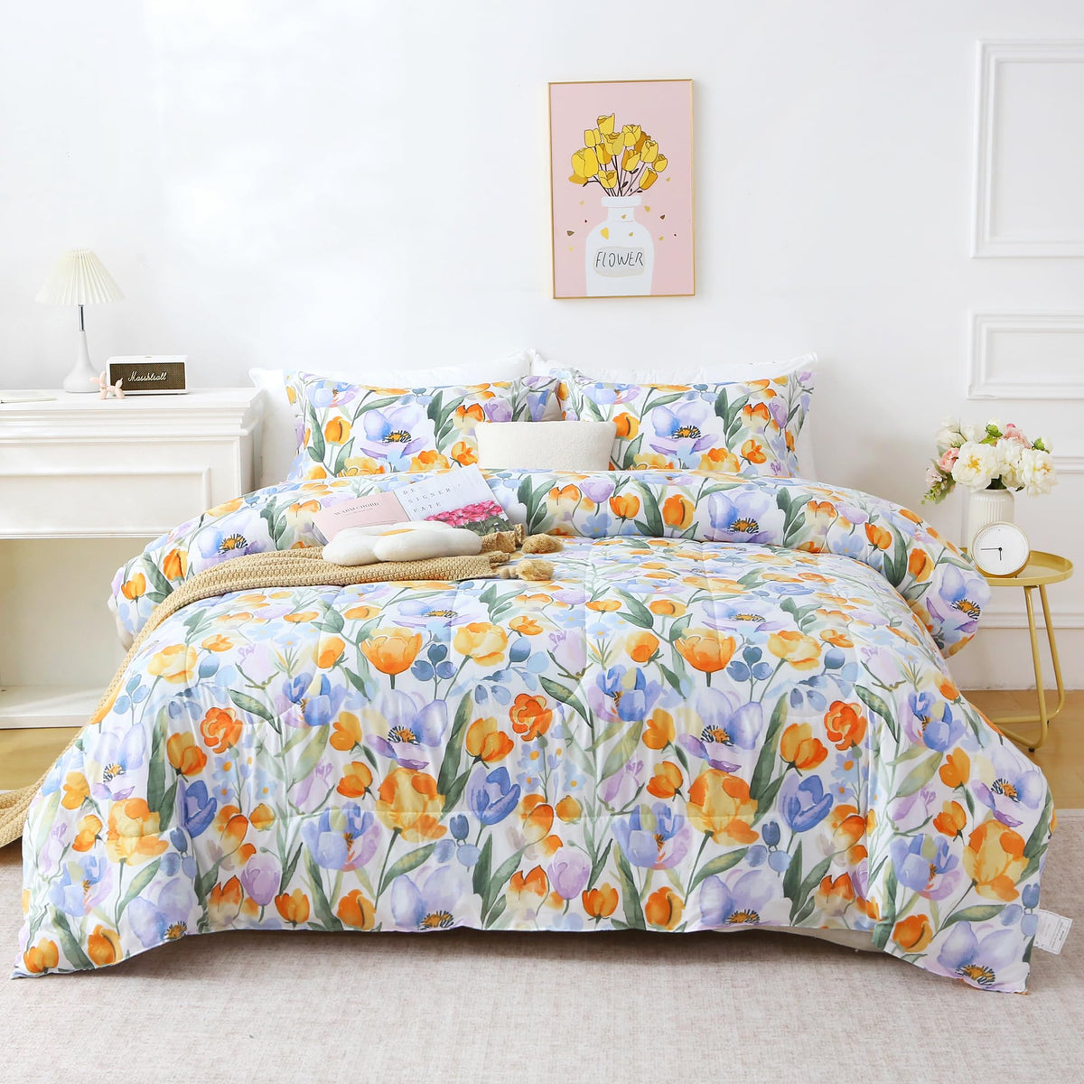 Mooreeke Floral Queen Size Comforter Sets, Lightweight Purple Lavender Botanical Printed Bedding for All Seasons, 3-Piece Vintage Bed in a Bag with Fluffy Quilted Reversible Comforter & 2 Pillow Shams