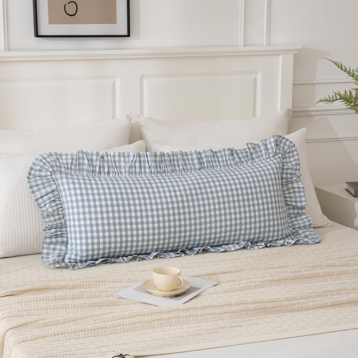 Taupe/White Plaid Ruffled Body Pillow Cover Washed Cotton 20"x54"