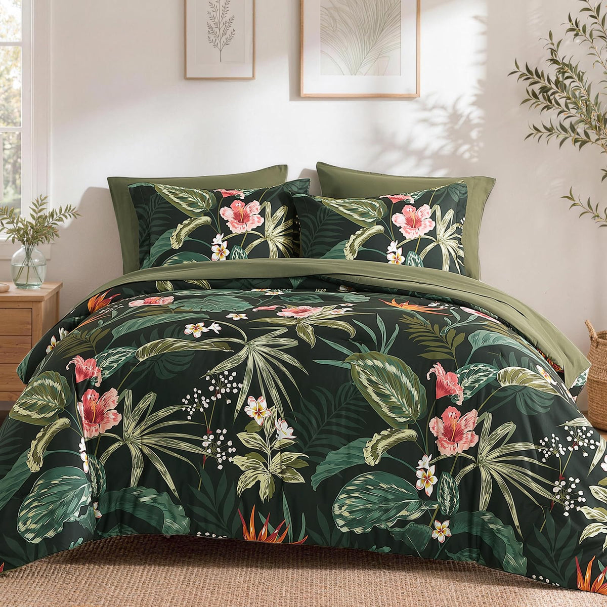 King Size Comforter Set-7 Pieces Floral Green Bed in a Bag King Bedding Set
