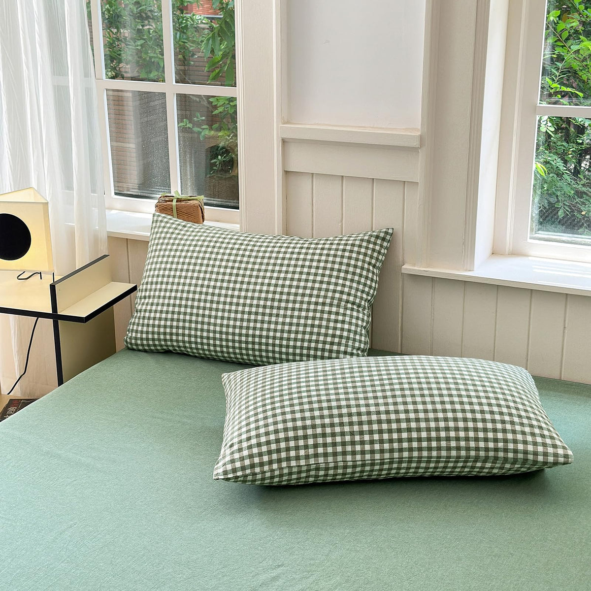 Tan Gingham Pillowcases Set Farmhouse Standard Size Pillow Shams Buffalo Taupe Plaid Pillowcases Set of 2, Grid Checkered Gingham Washed Cotton Pillow Covers with Envelope Closure, 20"×26"