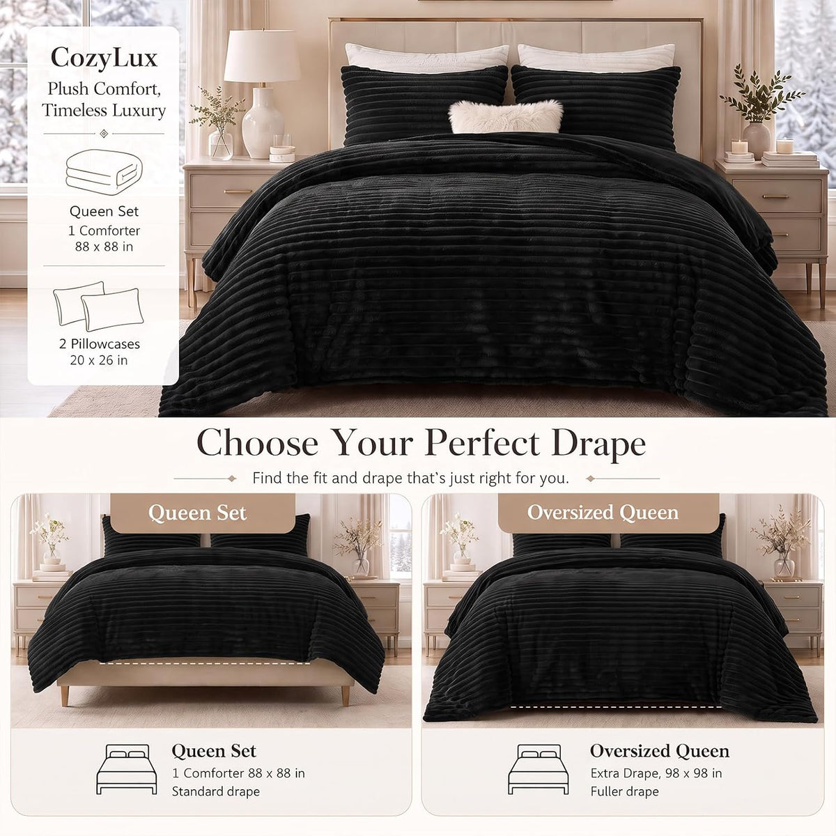 CozyLux Fleece Queen Comforter Set, 3 Piece Winter Warm Black Bedding